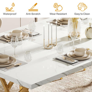 63" Rectangular Dining Table for 4–6 | Faux Marble Top & Gold Metal Legs