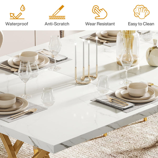 63" Rectangular Dining Table for 4–6 | Faux Marble Top & Gold Metal Legs