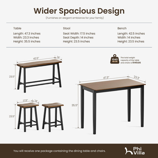 Counter Height Dining Table Set for 4 with Bench – Solid Wood Farmhouse Kitchen Table