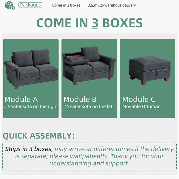 Modular L-Shaped Sectional Sofa with Storage Ottoman – Dark Gray