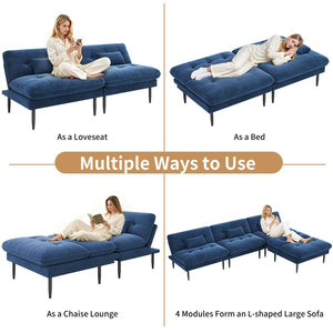 70" Convertible Futon Sofa Bed – Velvet Loveseat, 4-in-1 Sleeper, Blue