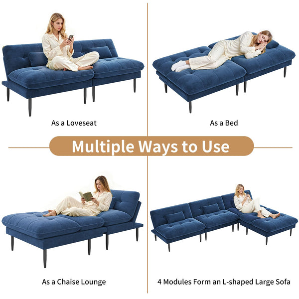 70" Convertible Futon Sofa Bed – Velvet Loveseat, 4-in-1 Sleeper, Blue