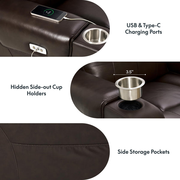 Top-Grain Leather Power Recliner with Zero-Wall Design, Massage & Heat