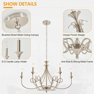 6-Light Modern Candle Chandelier – Brushed Nickel, Black & Brass