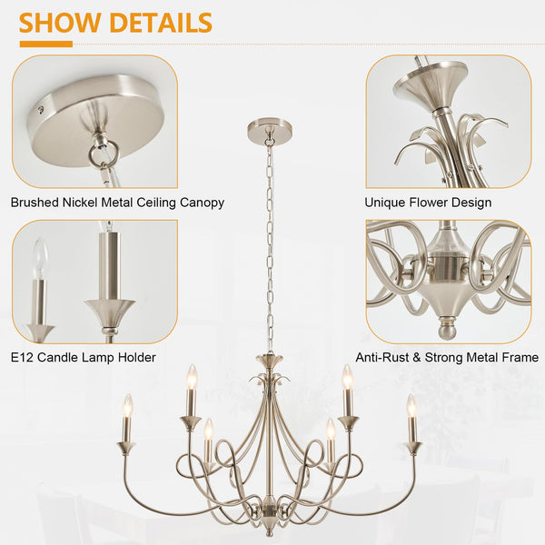 6-Light Modern Candle Chandelier – Brushed Nickel, Black & Brass