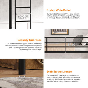 Metal Twin Over Twin Bunk Bed with Ladders & Safety Rails