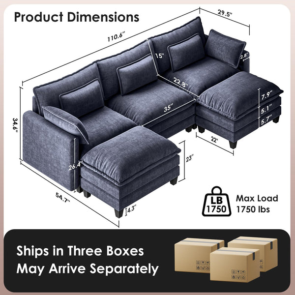 U-Shaped Modular Sectional Sofa – 5-Seat Chenille Cloud Couch with Ottoman