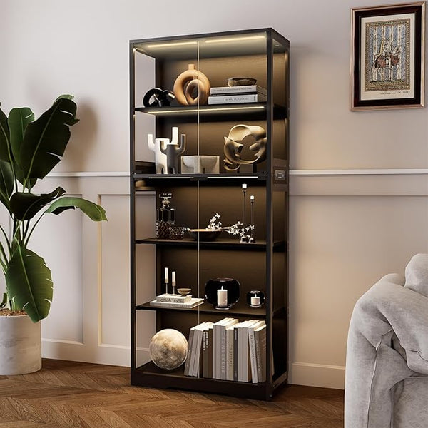 5-Tier Glass Display Cabinet with LED Lights & Motion Sensor