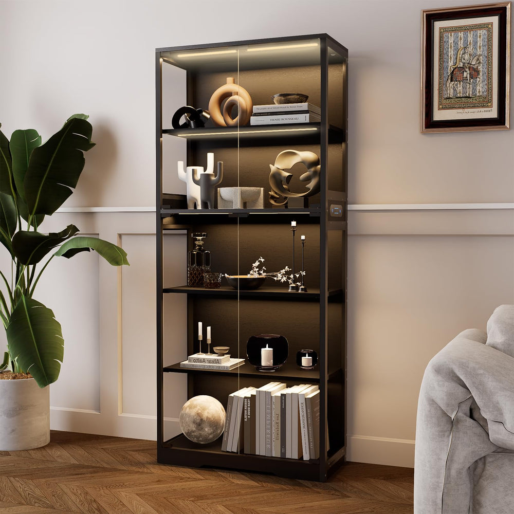 5-Tier Glass Display Cabinet with LED Lights & Motion Sensor