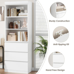 70" Tall Bookcase with 3 Drawers & 3-Tier Open Shelves