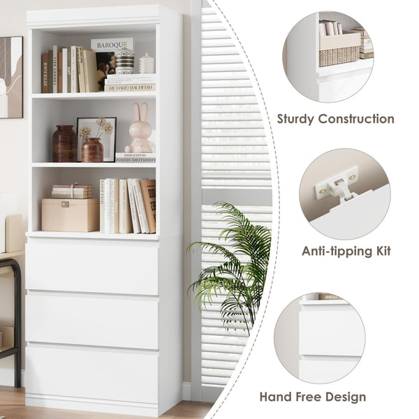 70" Tall Bookcase with 3 Drawers & 3-Tier Open Shelves