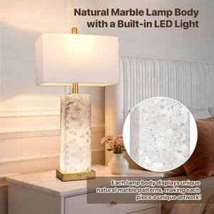 Marble Nightstand Lamps Set of 2 with USB Ports & 3-Color Temperature LED