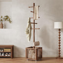 Freestanding Wood Coat Rack with 10 Hooks & Rolling Wheels