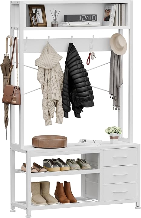 6-in-1 Hall Tree with Bench, 12 Hooks, 3 Drawers & Shoe Storage – 31.5"L x 11.8"W x 20.5"H