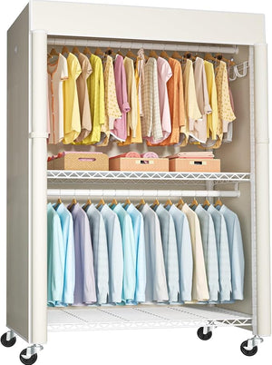 Covered Rolling Clothes Rack with Shelves & Hanger Rods