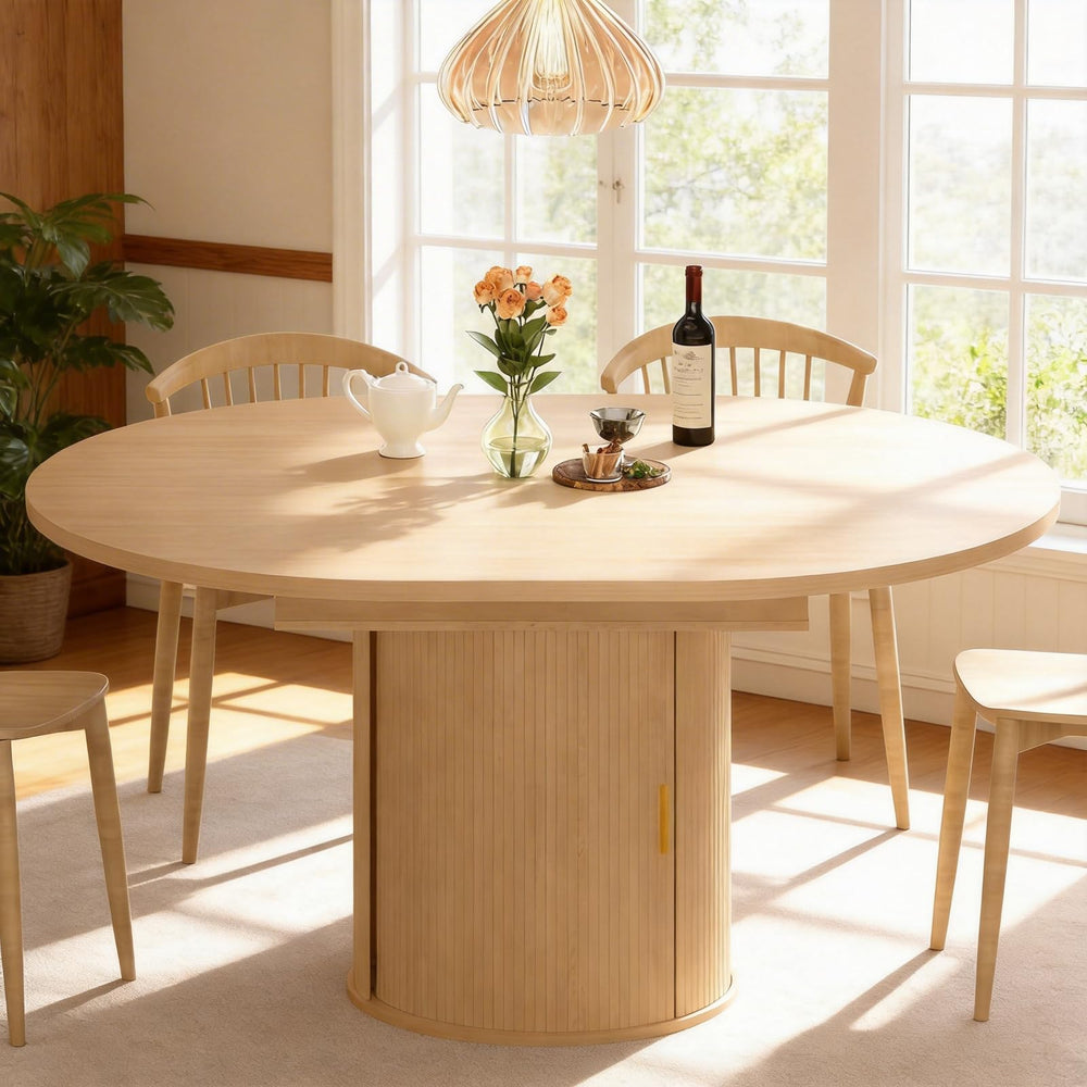 Extendable Round to Oval Dining Table with Storage Cabinet