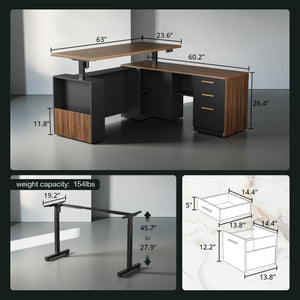 63-Inch L-Shaped Electric Standing Desk with File Cabinet & Privacy Panel
