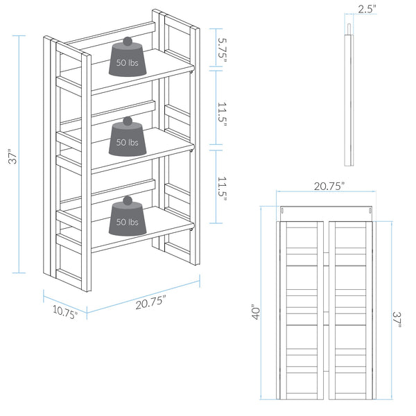 3-Shelf Folding Solid Wood Bookcase
