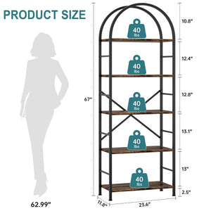 5-Tier Arched Bookshelf with Metal Frame