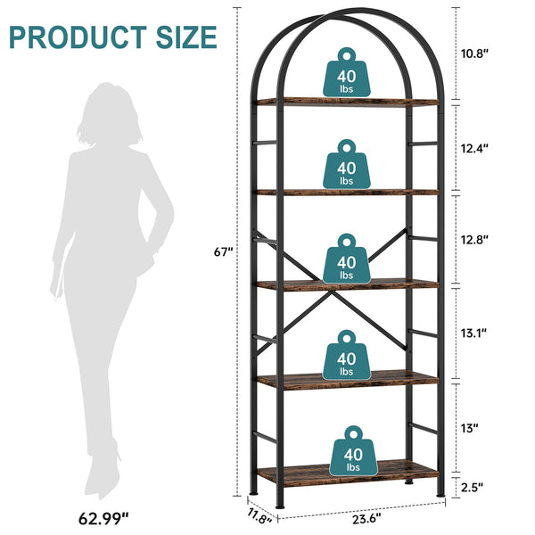 5-Tier Arched Bookshelf with Metal Frame
