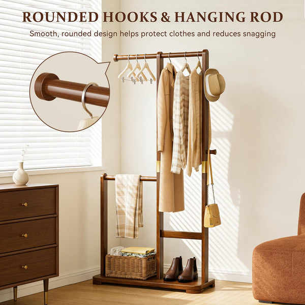 Double Rod Freestanding Coat Rack – Solid Wood, Bedroom & Entryway