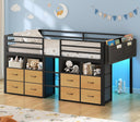 Low Loft Bed Twin with 8 Storage Drawers, Bookcase & LED Lights