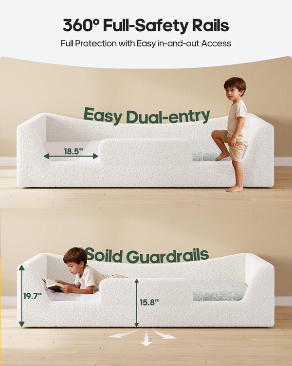 Full Size Montessori Floor Bed with High Rails & Teddy Fleece Upholstery