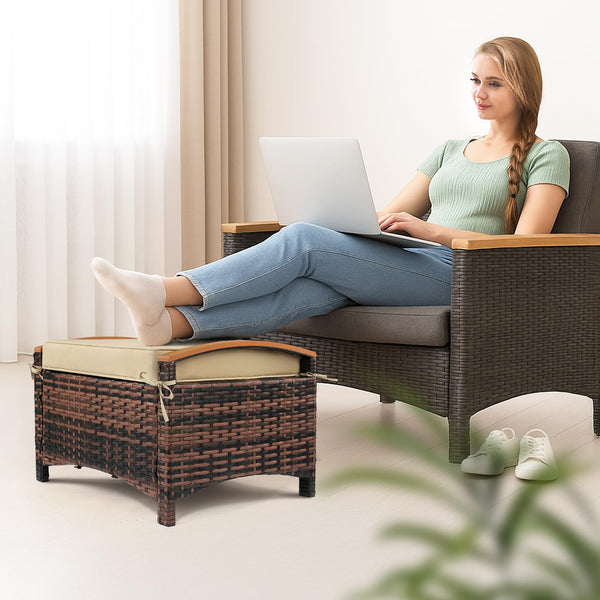 Outdoor Wicker Ottoman Set of 2 with Removable Cushions
