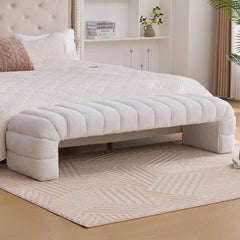 NIOIIKIT 69.7" Ottoman Bench, Teddy Upholstered Queen Size End of Bed Bench, Channel Tufted Entryway Bench with Cushion, Long Bedroom Bench, Window Bench Seat for Entryway, Living Room (Ivory)