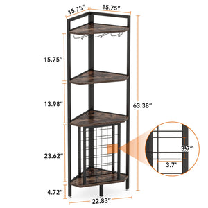 4-Tier Industrial Corner Wine Rack with Glass Holders – Rustic Brown