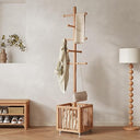 Freestanding Wood Coat Rack with 10 Hooks & Rolling Wheels