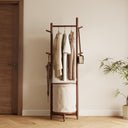 Freestanding Wood Coat Rack with Hooks, Wheels & Fabric Basket