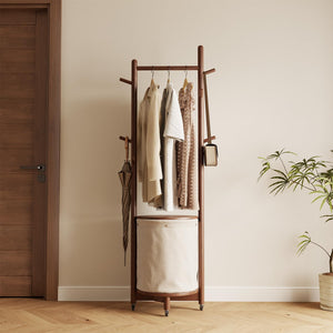 Freestanding Wood Coat Rack with Hooks, Wheels & Fabric Basket