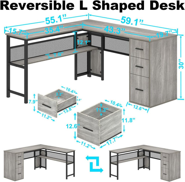 L-Shaped Corner Desk with Drawers & Storage