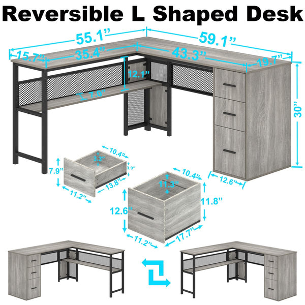 L-Shaped Corner Desk with Drawers & Storage
