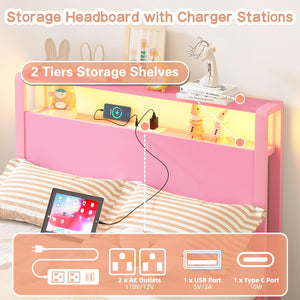 Twin Bed Frame with Storage Headboard, LED Light & Charging Station