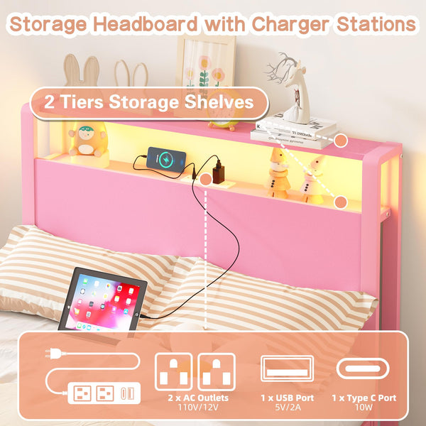 Twin Bed Frame with Storage Headboard, LED Light & Charging Station