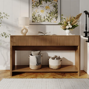 Fluted Console Table with 3 Drawers and Open Shelf