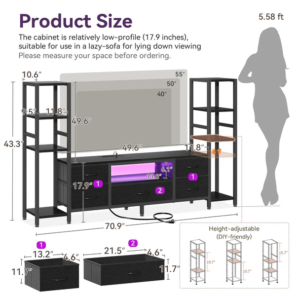 TV Stand with LED Lights, Power Outlets & 5 Fabric Drawers – 71" & 87"