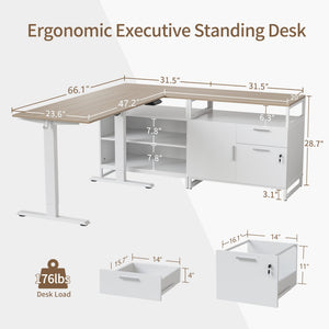 L-Shaped Electric Standing Desk with Drawers & Shelves