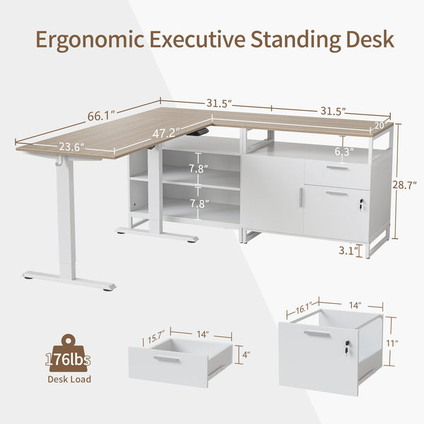 L-Shaped Electric Standing Desk with Drawers & Shelves