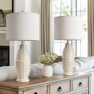 Boho Rattan Table Lamps Set of 2 with Touch Dimmer & USB Ports