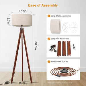Wood Tripod Floor Lamp with Linen Shade