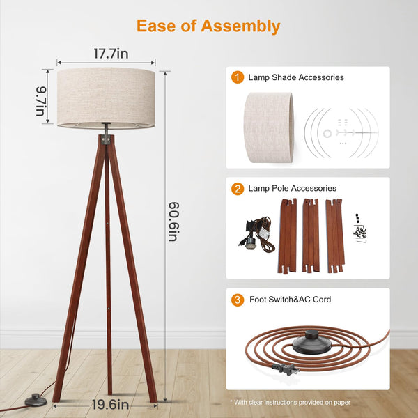 Wood Tripod Floor Lamp with Linen Shade