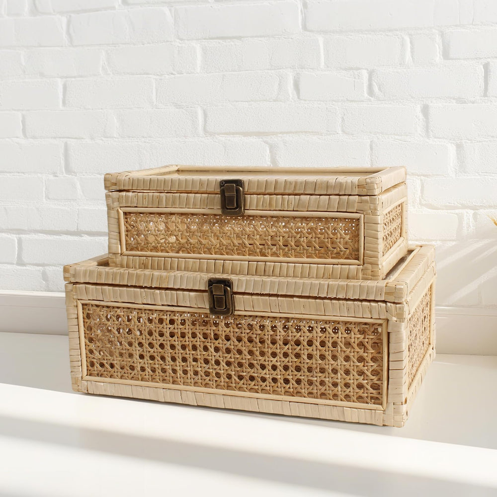 Rattan Decorative Boxes with Glass Lids – Set of 2