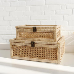 Rattan Decorative Boxes with Glass Lids – Set of 2