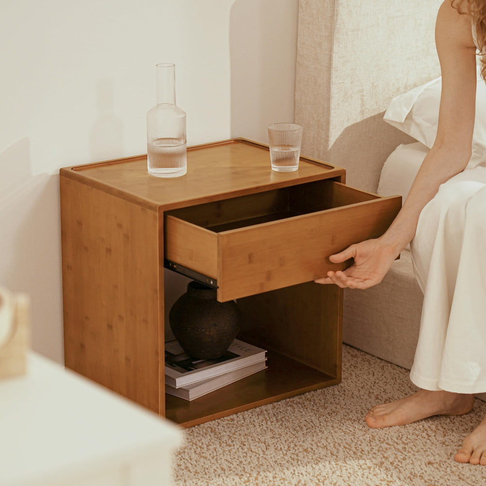 Bamboo Nightstand with Soft-Close Drawer & Open Shelf