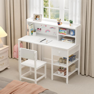 Kids Study Desk with Chair Set, Hutch & Storage
