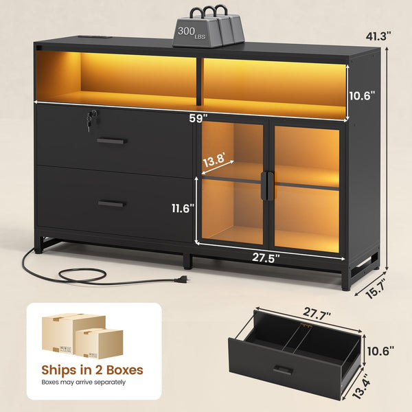 59" File Cabinet with 2 Drawers, Lock & Power Outlets