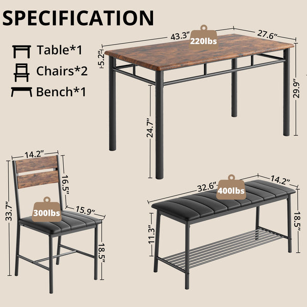 4-Piece Dining Table Set with Bench and 2 Upholstered Chairs